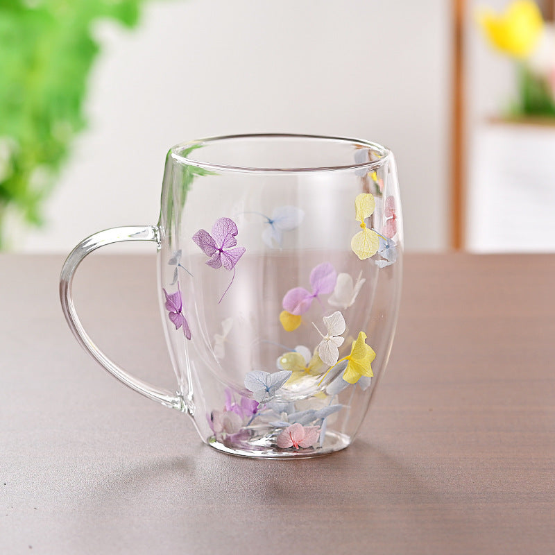 Taza de vidrio de doble capa con arena movediza y flores secas, leche y café creativo para el hogar