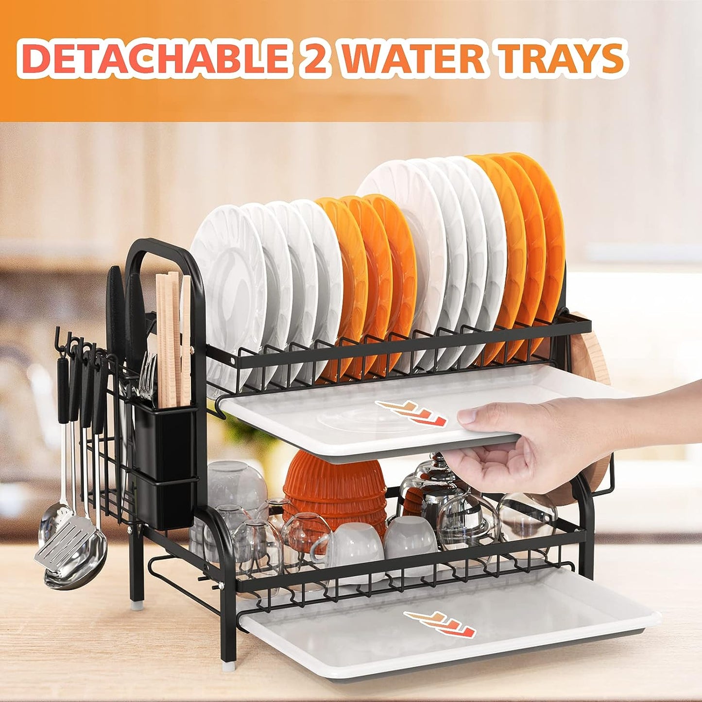 Escurridor De Platos, Estantes Para Platos De 2 Niveles Para Mostrador De Cocina, Escurridor De Platos Para Fregadero Con Escurridor, Soporte Para Utensilios Y Soporte Para Tabla De Cortar, Escurridor De Cocina De Acero Inoxidable-Negro