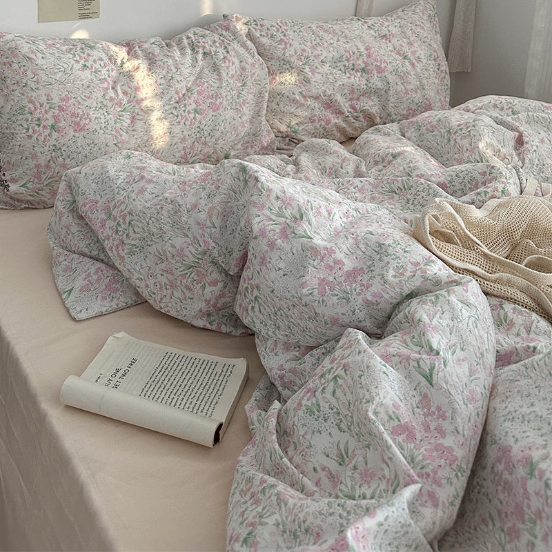 Ensemble de literie girly d'été 4 pièces en coton à fleurs, petit lit de jardin