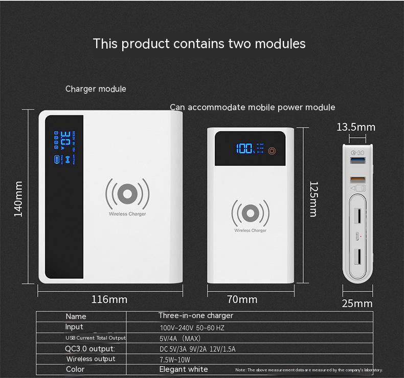 Question Mark Wireless Power Bank Cargador tres en uno QC30QI75 10W Carga rápida Adaptador de corriente móvil USB