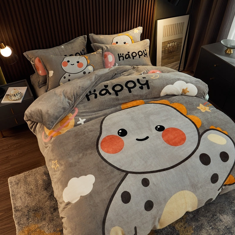 Thickened Cartoon Coral Velvet Bed With Four-piece Winter Milk Flannel Sheets