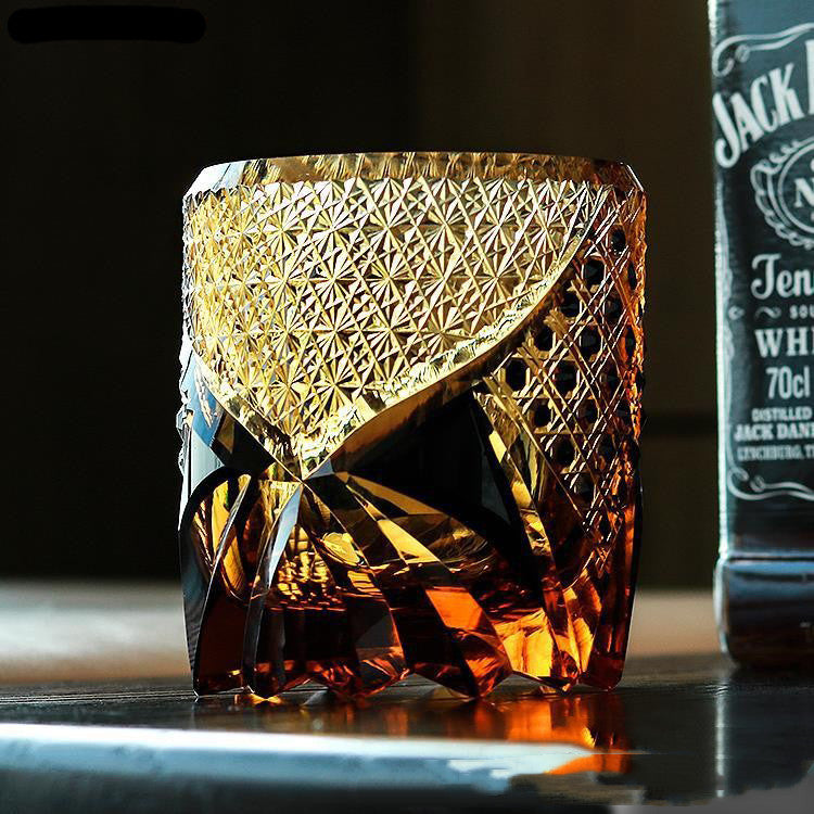 Vaso De Whisky De Cristal Negro Ámbar Con Grabado