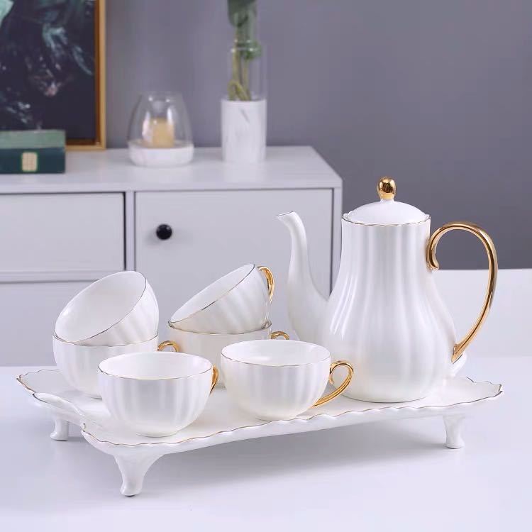 Juego de té y taza de café para sala de estar pintado en oro, juego de tazas de té