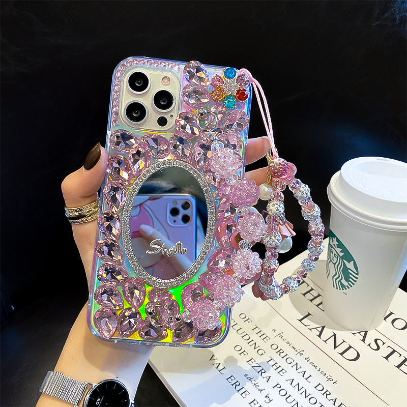 Funda para teléfono con espejo con incrustaciones de diamantes, moderna y creativa