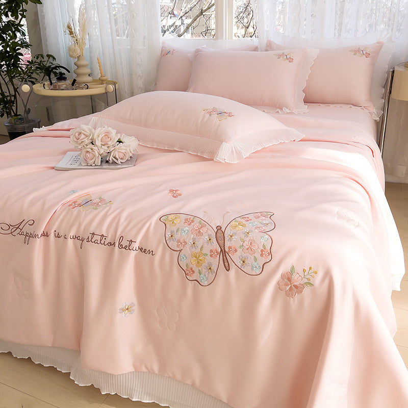 Korean Ice Silk Summer Quilt Four-piece Set Embroidery Lace Air Conditioning Cool Feeling Thin Duvet