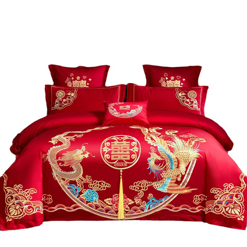 Ensemble de quatre pièces de mariage rouge, vente en gros, literie brodée en coton pur, lit de mariage Xi, housse de couette Dragon et phénix