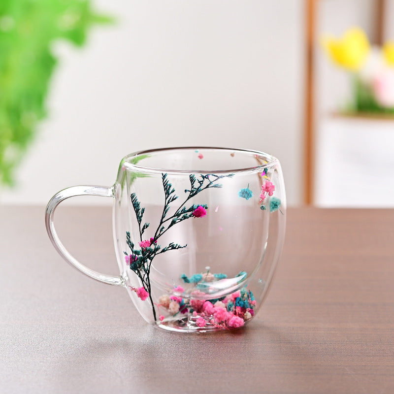 Taza de vidrio de doble capa con arena movediza y flores secas, leche y café creativo para el hogar