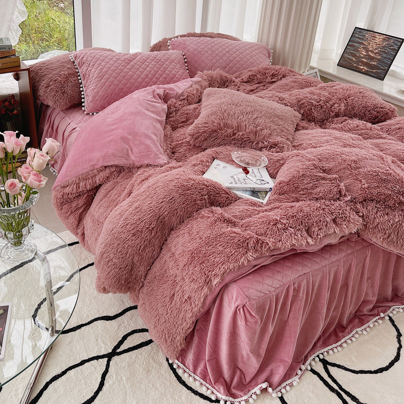 Milk Fiber Winter Mink Fur Bed Four-piece Long Wool Quilt Cover Coral Velvet Double-sided Plush Fleece-lined Quilted Bed Skirt Princess Style