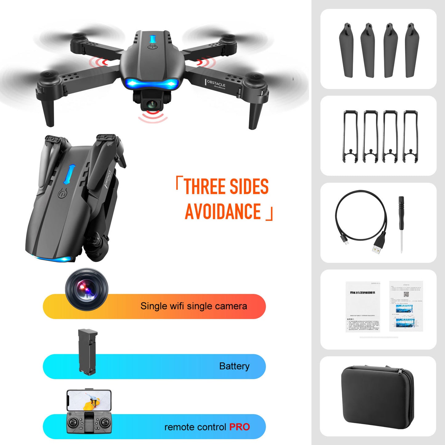 Drone d'évitement d'obstacles à trois côtés télécommandé à double caméra 4K