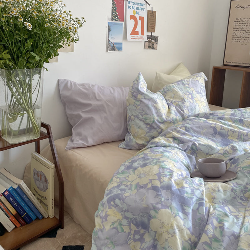 Juego de cama femenino de verano de 4 piezas con cama de algodón floral pequeña para jardín