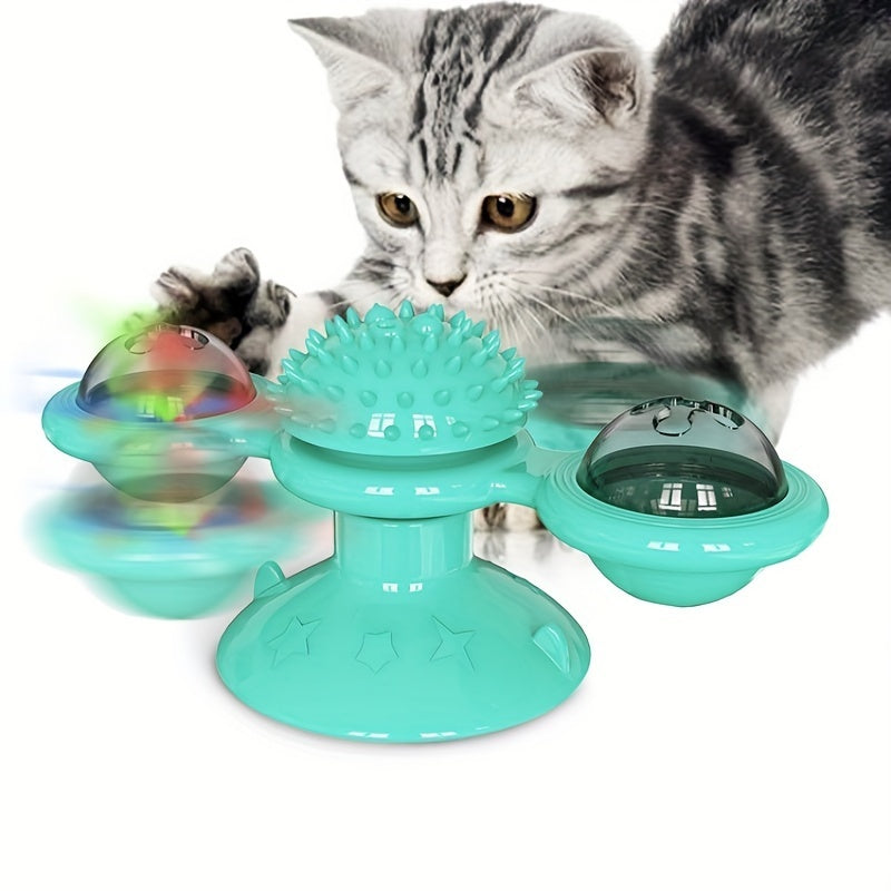 Nouveau moulin à vent pour chat, joli jouet interactif rotatif pour chat – Moulin à vent d'intérieur pour chat avec ventouse, herbe à chat et dents dentelées, boule centrale, jouet d'exercice rotatif pour chaton intelligent, brosse à dents et masseur 