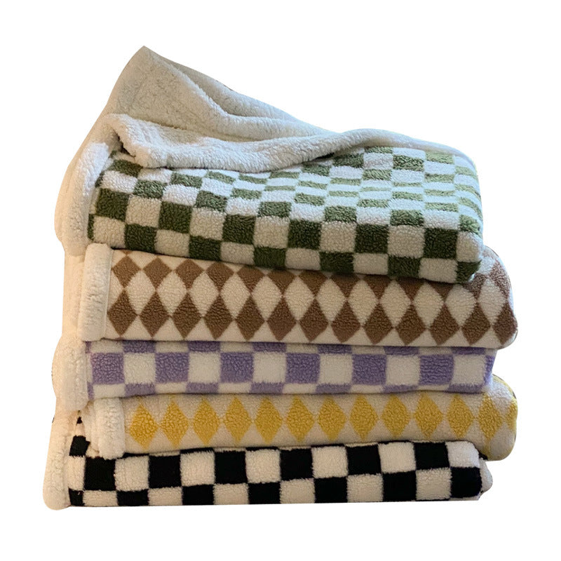 Vintage Chessboard Plaid Berber Fleece Blanket Thickened Warm Sofa Cover