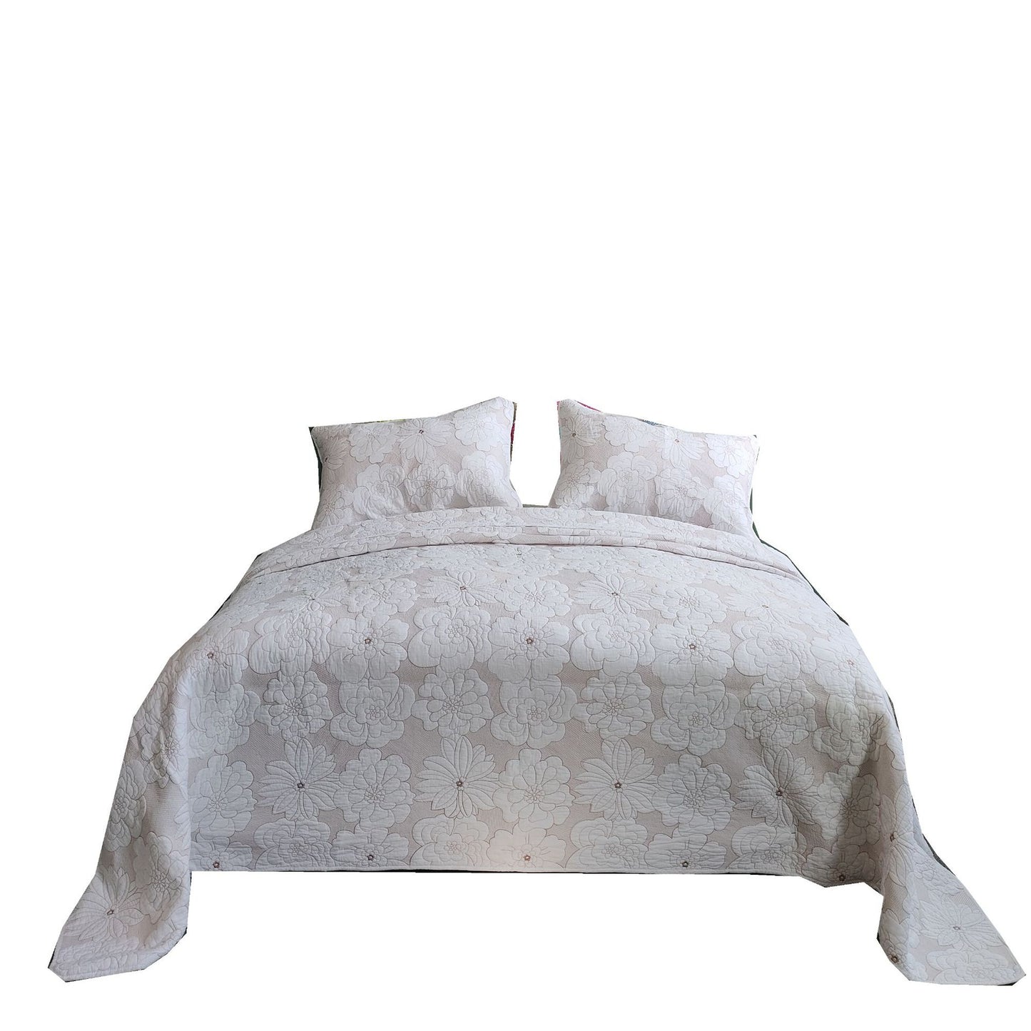 Ensemble de couvre-lit trois pièces en coton épais, blanc pur, Beige, broderie camélia