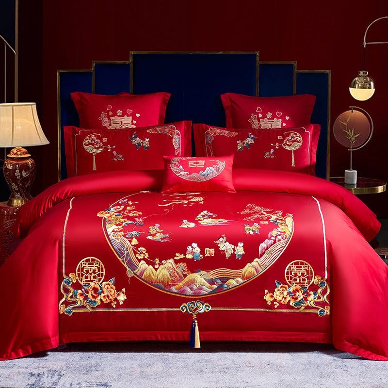 Ensemble de quatre pièces de mariage rouge, vente en gros, literie brodée en coton pur, lit de mariage Xi, housse de couette Dragon et phénix