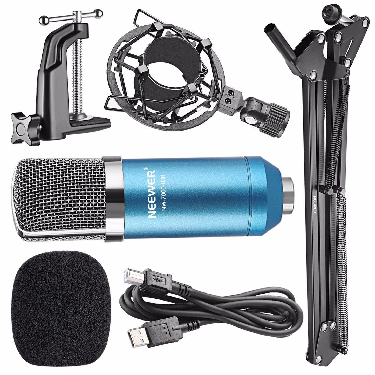 Neewer NW-7000 Microphone à condensateur de studio professionnel USB et support de bras à ciseaux à suspension réglable NW-35 avec support anti-choc et kit de pince de montage sur table parfait pour la diffusion et l'enregistrement sonore