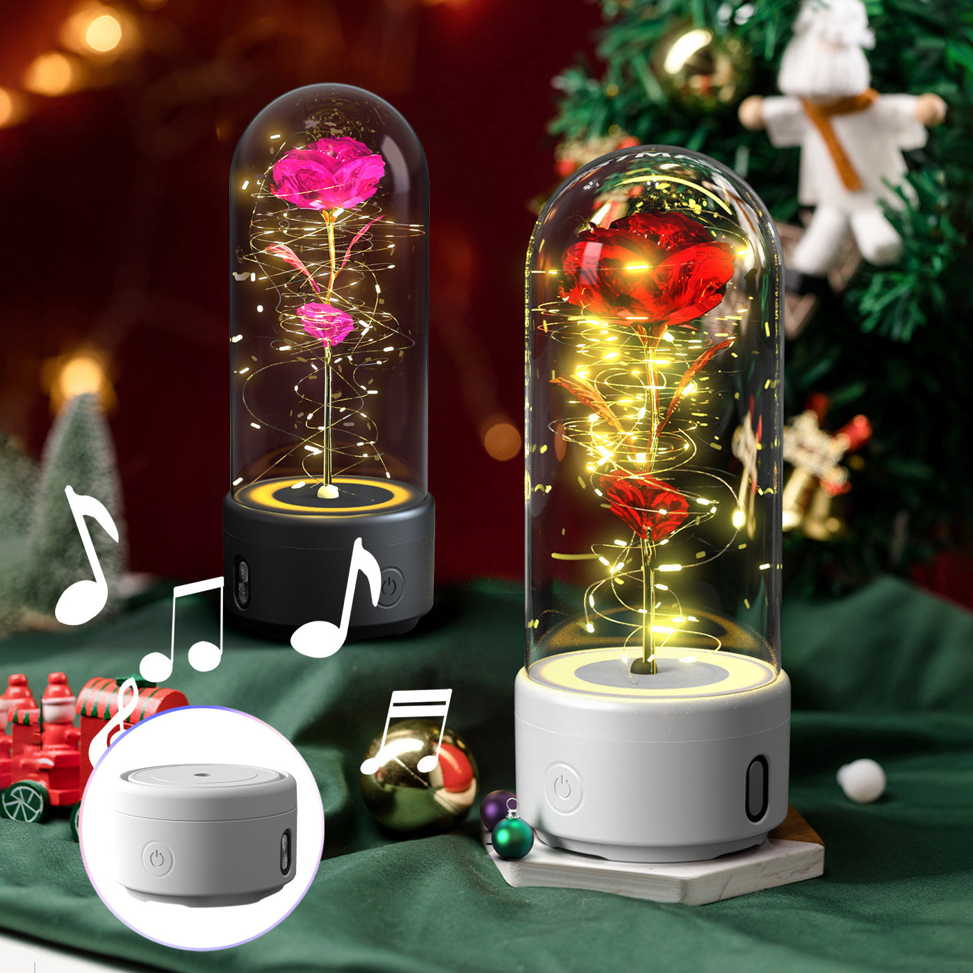 Lampe LED créative 2 en 1 en forme de rose et haut-parleur Bluetooth, cadeau de Saint-Valentin, veilleuse lumineuse en forme de rose avec couvercle en verre