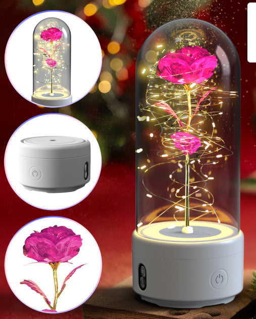 Lampe LED créative 2 en 1 en forme de rose et haut-parleur Bluetooth, cadeau de Saint-Valentin, veilleuse lumineuse en forme de rose avec couvercle en verre