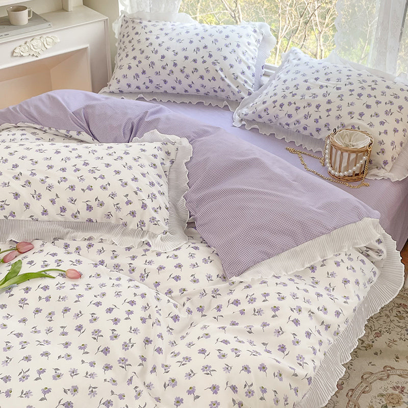 Washed Cotton Small Floral Quilt Cover, Four Piece Bed Sheet Set