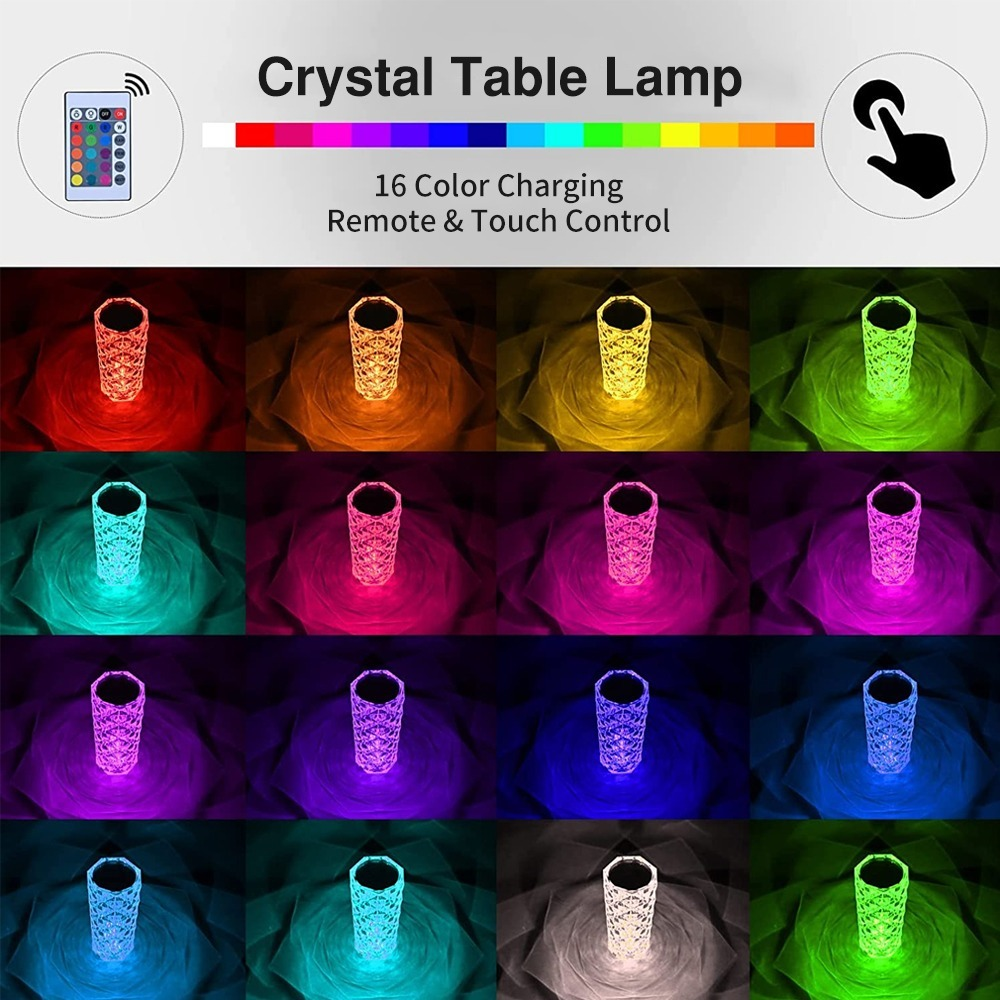 Lámpara de cristal LED de 16 colores Lámparas de mesa táctiles con luz rosa Bedr