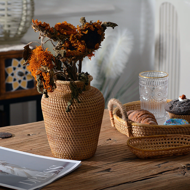 Adornos tejidos de ratán floreros secos florales floreros creativos cestas decorativas de flores de mesa