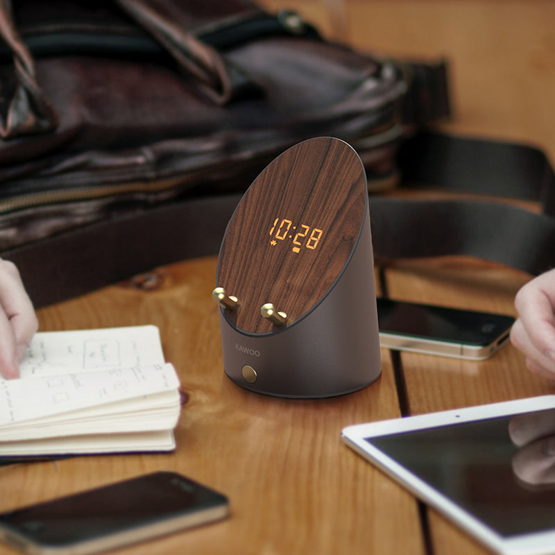 Altavoz de madera, altavoz de inducción inteligente, soporte para teléfono, Mini reloj despertador inalámbrico portátil de escritorio, Altavoz Bluetooth