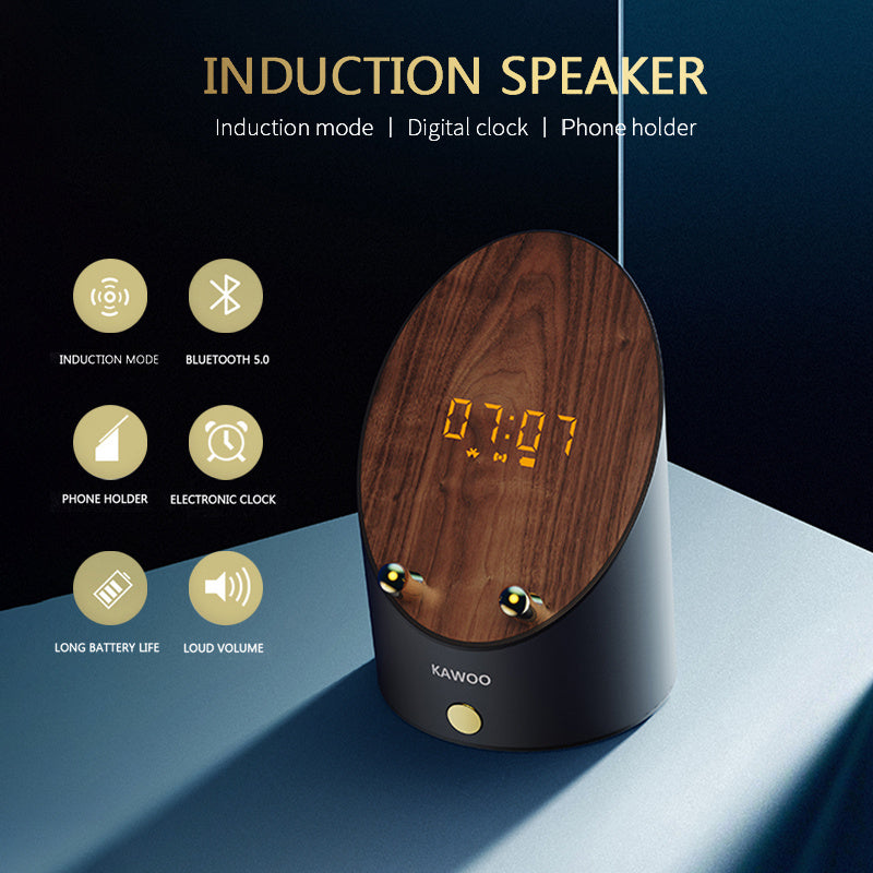 Altavoz de madera, altavoz de inducción inteligente, soporte para teléfono, Mini reloj despertador inalámbrico portátil de escritorio, Altavoz Bluetooth