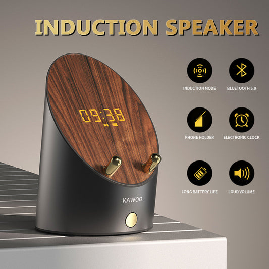 Altavoz de madera, altavoz de inducción inteligente, soporte para teléfono, Mini reloj despertador inalámbrico portátil de escritorio, Altavoz Bluetooth