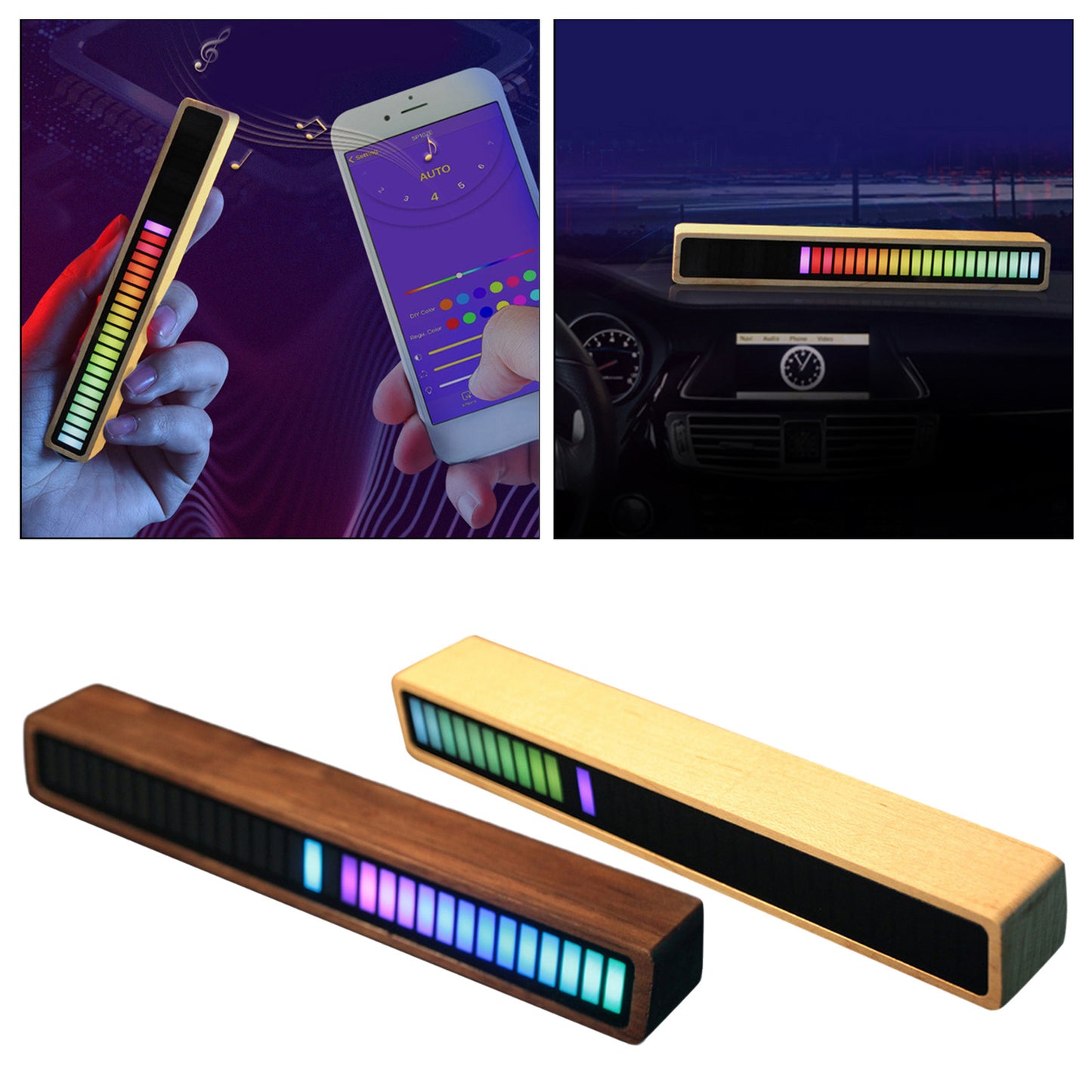 Bois massif Bluetooth commande vocale capteur de rythme lumières musique spectre LED RGB atmosphère de voiture indicateur de niveau Audio VU mètre