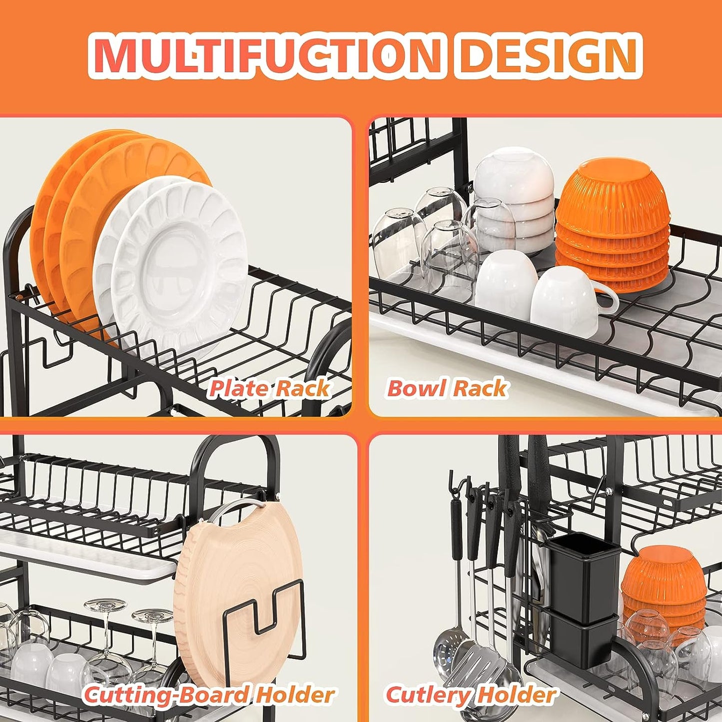 Escurridor De Platos, Estantes Para Platos De 2 Niveles Para Mostrador De Cocina, Escurridor De Platos Para Fregadero Con Escurridor, Soporte Para Utensilios Y Soporte Para Tabla De Cortar, Escurridor De Cocina De Acero Inoxidable-Negro