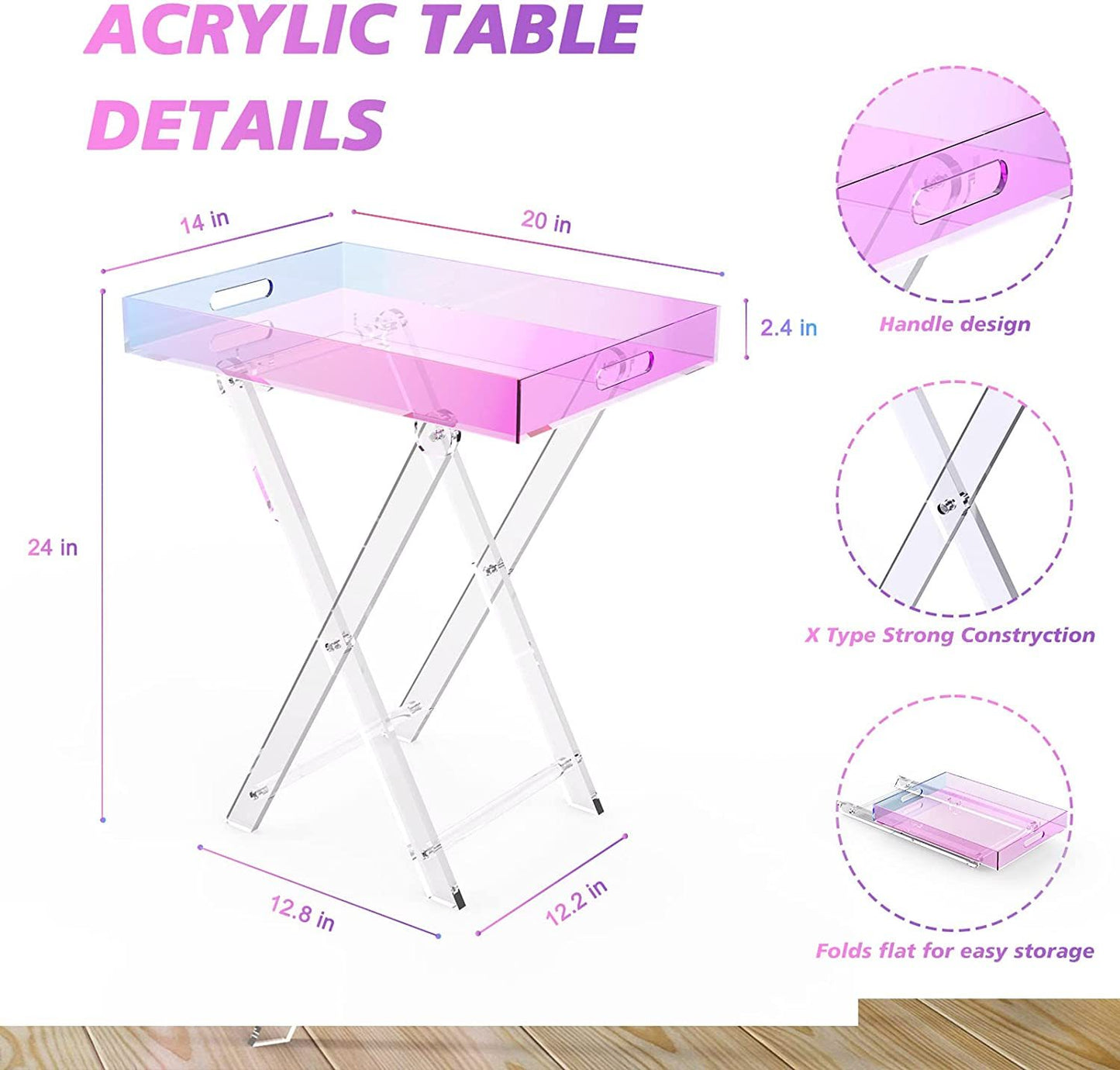 Mesa de centro iridiscente de acrílico, mesa auxiliar con bandeja plegable, escritorio moderno y elegante para sala de estar, dormitorio y bar que sirve 20 x 14 pulgadas, 24 pulgadas de alto 