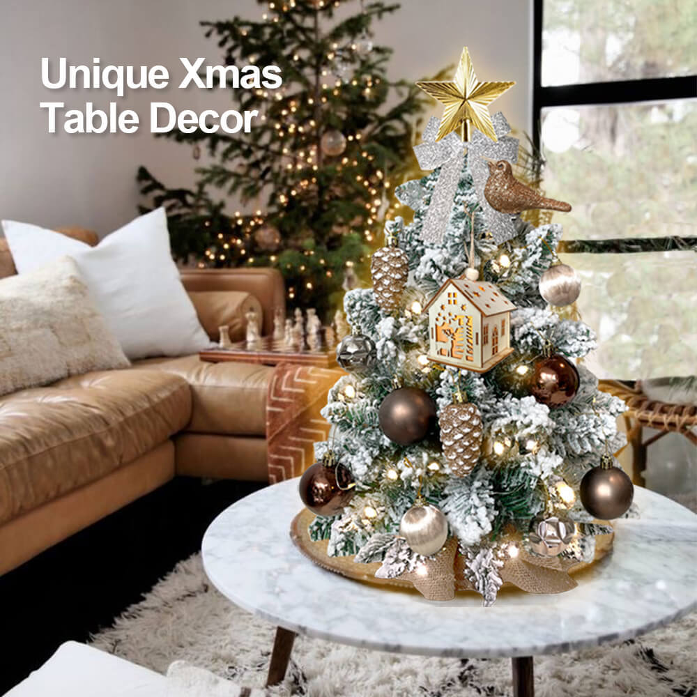 Mini árbol de Navidad de 2 pies con decoración navideña de mesa pequeña artificial de bosque claro con nieve flocada, decoración exquisita y adornos navideños para mesa para el hogar y la oficina