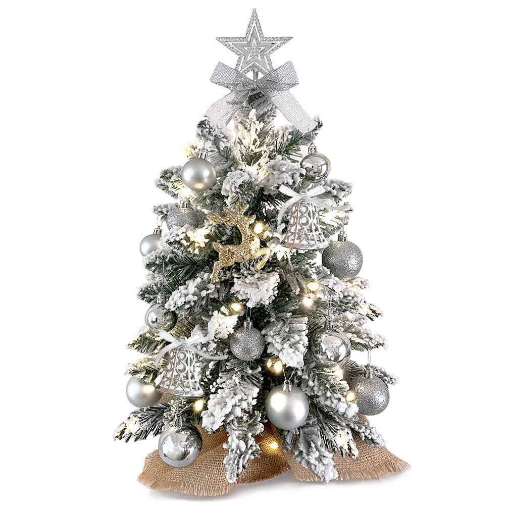 Mini sapin de Noël de 2 pieds avec petite décoration de Noël artificielle légère avec neige floquée, décor exquis et ornements de Noël pour dessus de table pour la maison et le bureau