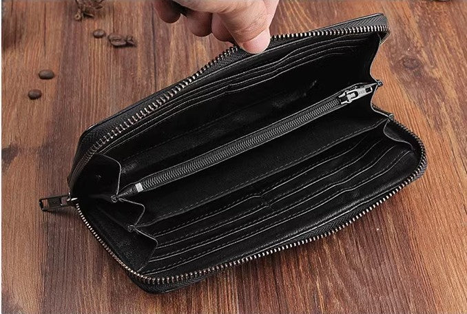 Cartera larga retro de piel de oveja hecha a mano para hombre