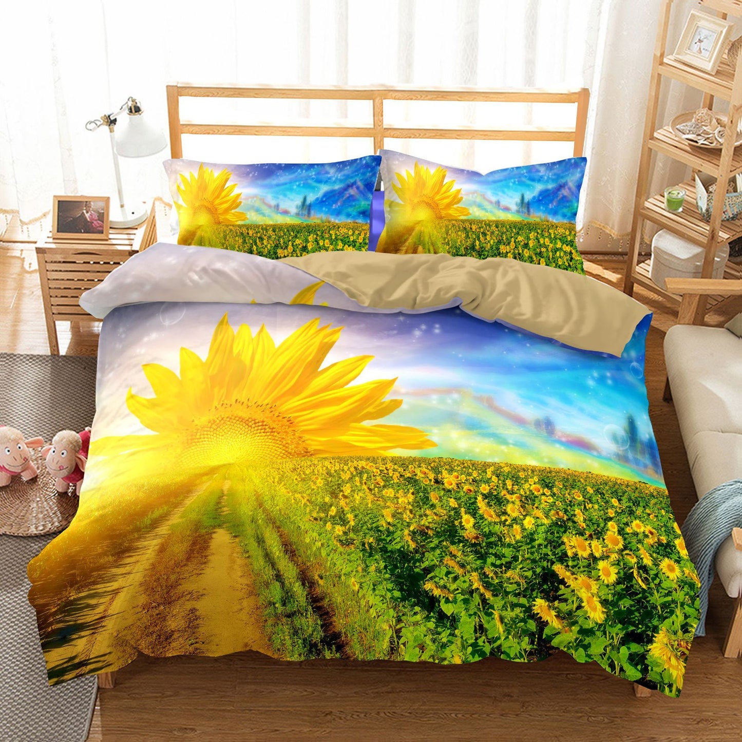 Funda de edredón de girasol de tres piezas Ropa de cama textil para el hogar