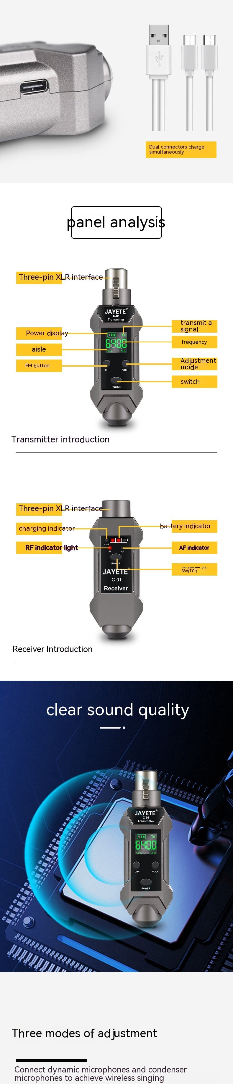 Convertisseur de microphone à bobine mobile, microphone filaire vers récepteur de transmission sans fil