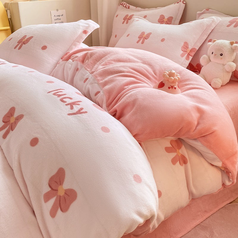 Housse de couette en velours de corail, drap de lit Double face, épais, en Fiber de lait, quatre pièces, avec bride, pour l'hiver, literie trois pièces