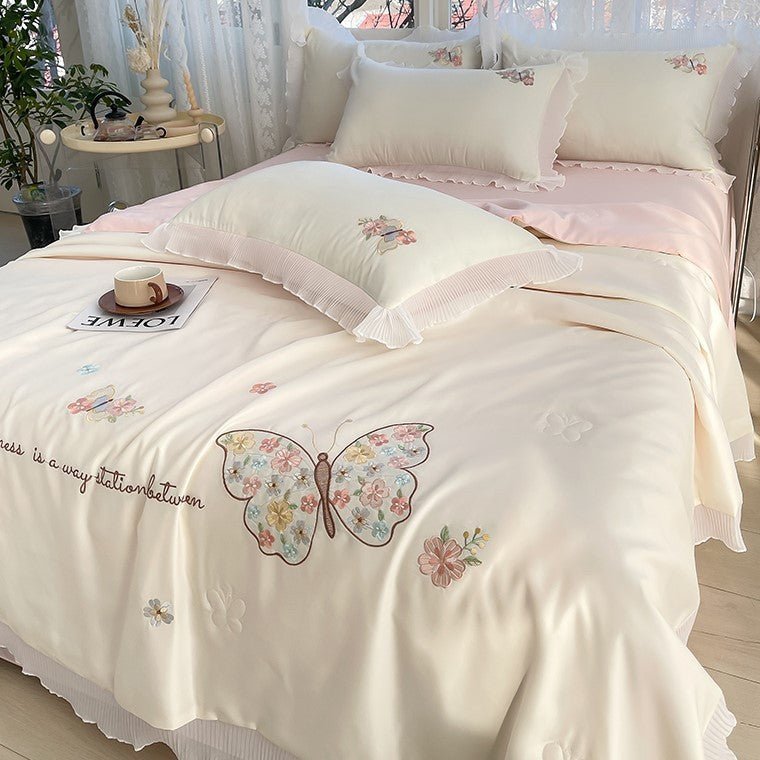 Korean Ice Silk Summer Quilt Four-piece Set Embroidery Lace Air Conditioning Cool Feeling Thin Duvet