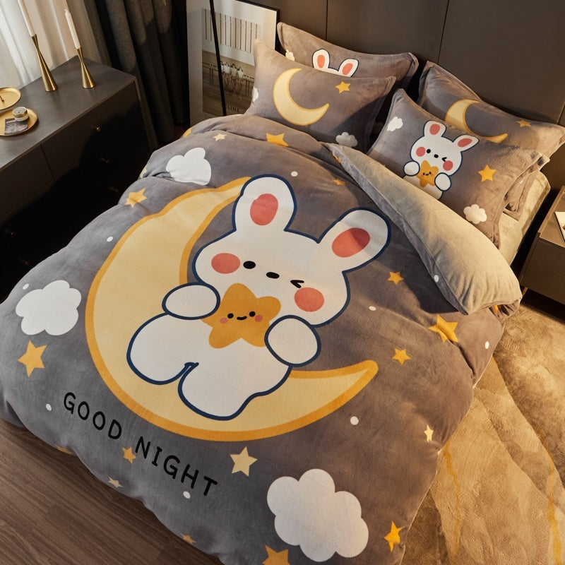 Thickened Cartoon Coral Velvet Bed With Four-piece Winter Milk Flannel Sheets