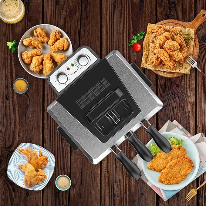 1800W 5 Liters 21 Cups Large Electric Deep Fryer With 3 Frying Baskets For Home Use, Adjustable Temperature,View Window Lid,Countertop Stainless Steel Body Deep Fryer Pot,Perfect For Kitchen, Fry Fish