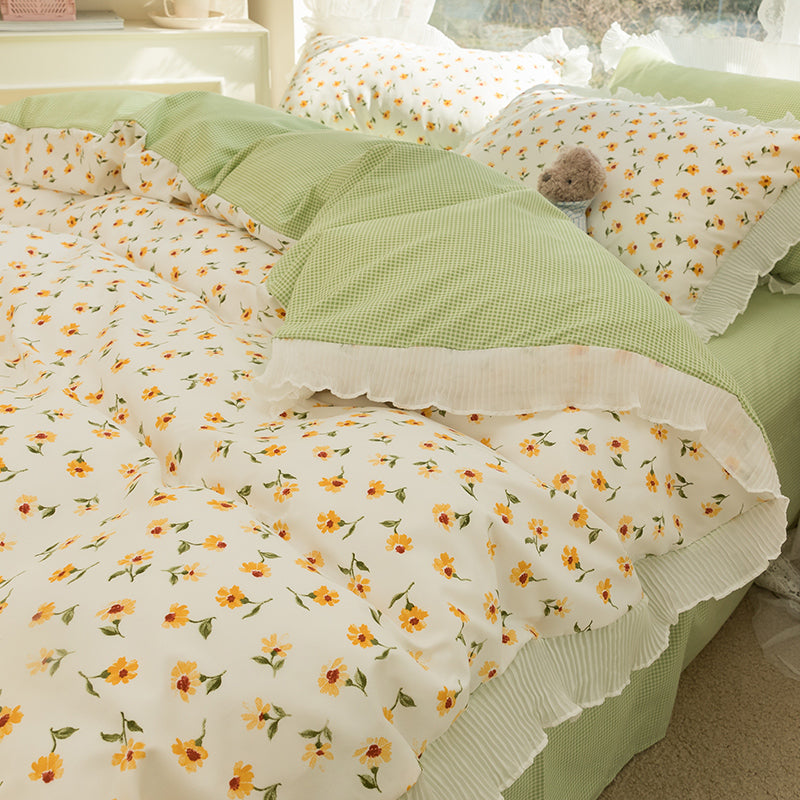 Petite housse de couette florale en coton lavé, ensemble de draps de lit quatre pièces