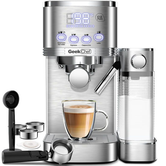 Machine à expresso et cappuccino Geek Chef avec mousseur à lait automatique, machine à expresso 20 bars pour la maison, pour cappuccino ou latte, avec filtre ESE POD, acier inoxydable, cadeau pour les amateurs de café, interdiction sur Amazon