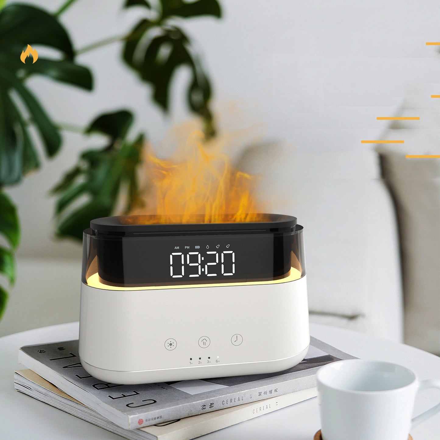 Humidificador de llama con reloj para dormitorio, máquina de pulverización de fragancia temporizada inteligente para uso doméstico