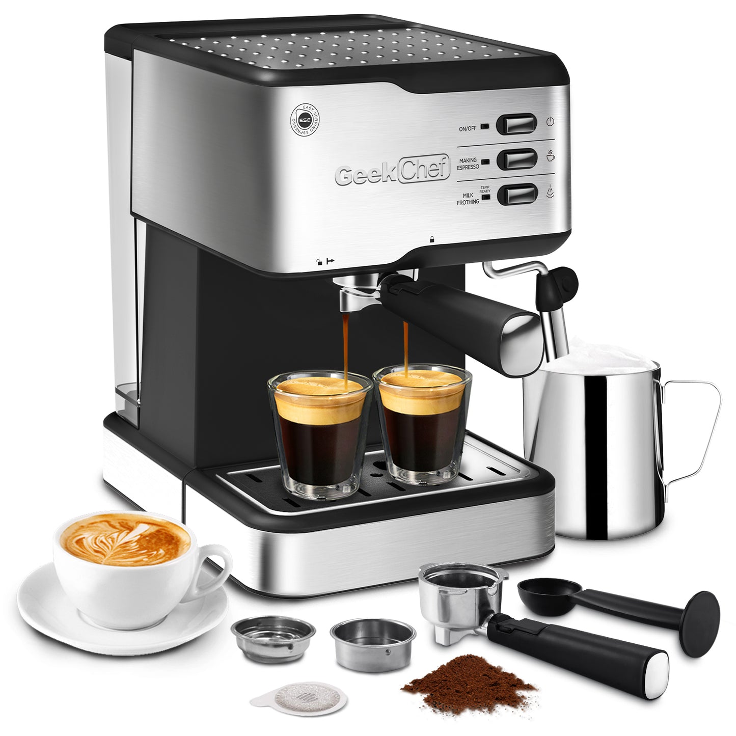 Geek Chef Máquina de café expreso, máquina de café espresso y capuchino, máquina de café con leche de 20 bares, compatible con filtro de cápsulas ESE POD y varilla de vapor de espumador de leche, 950 W, tanque de agua de 1,5 l, prohibición en Amazon 