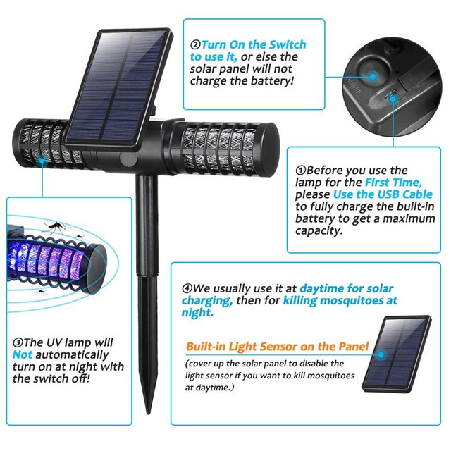 Lámpara antimosquitos para jardín al aire libre, lámpara LED UV, anillo repelente de insectos a prueba de agua IP65, lámpara antimosquitos recargable automática Sunshine/USB