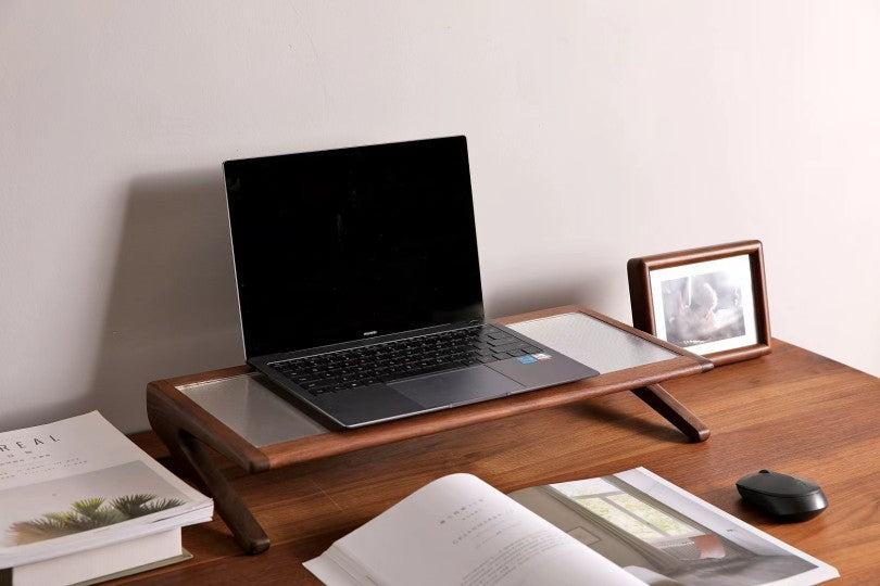 Elevador de escritorio para computadora portátil de vidrio y madera maciza de nogal negro