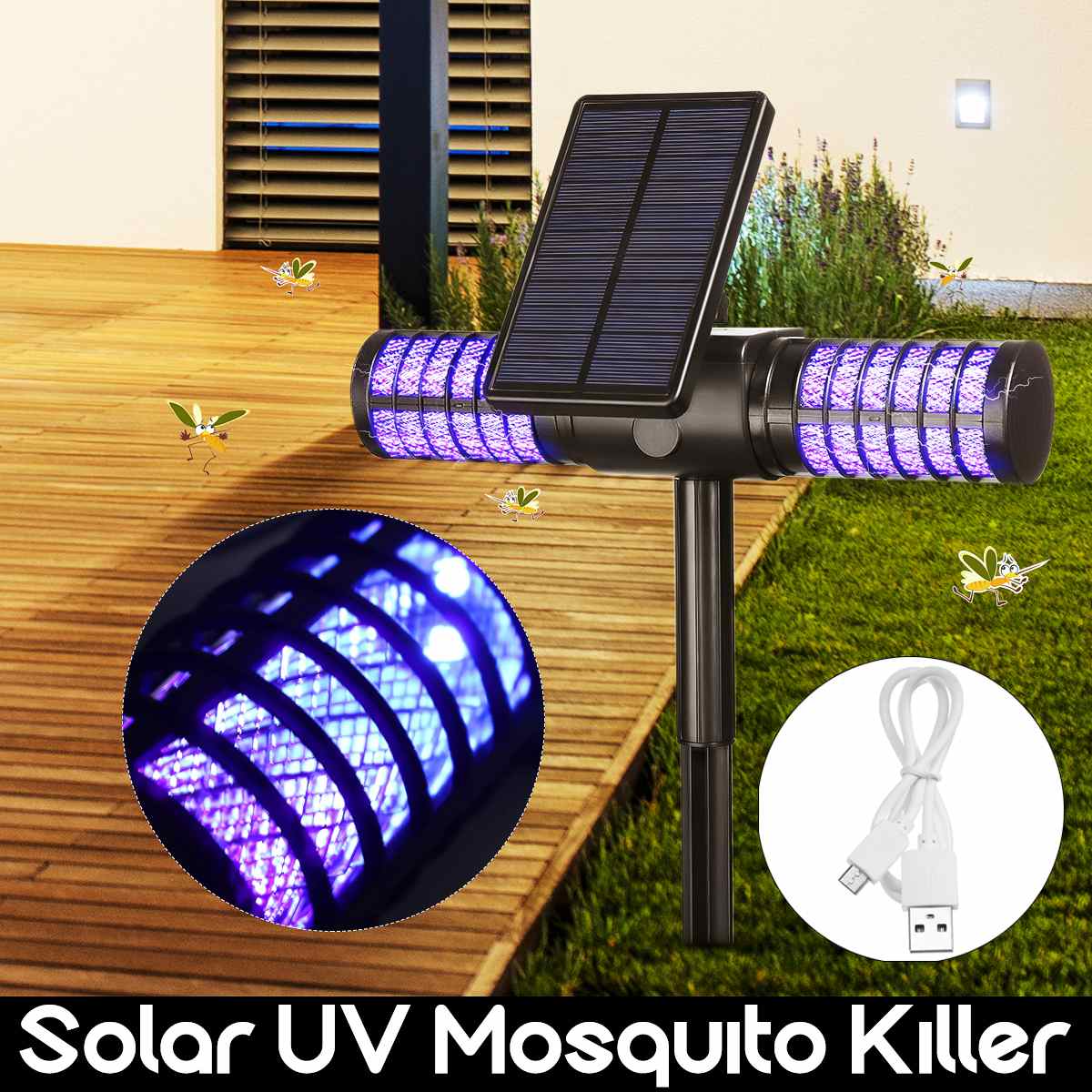 Lámpara antimosquitos para jardín al aire libre, lámpara LED UV, anillo repelente de insectos a prueba de agua IP65, lámpara antimosquitos recargable automática Sunshine/USB