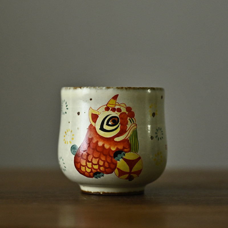 Vintage cerámica áspera pintada a mano León Feliz León Maestro Taza de Té