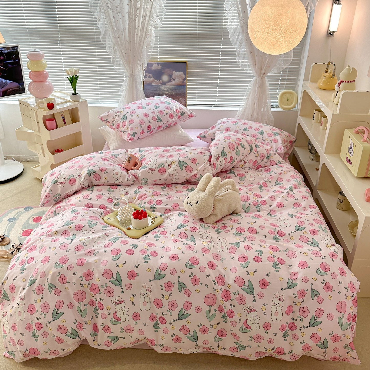 Cute Floral Rabbit Cotton Four-piece Set Pastoral Cotton Quilt Cover Bed Sheet Three-piece Set