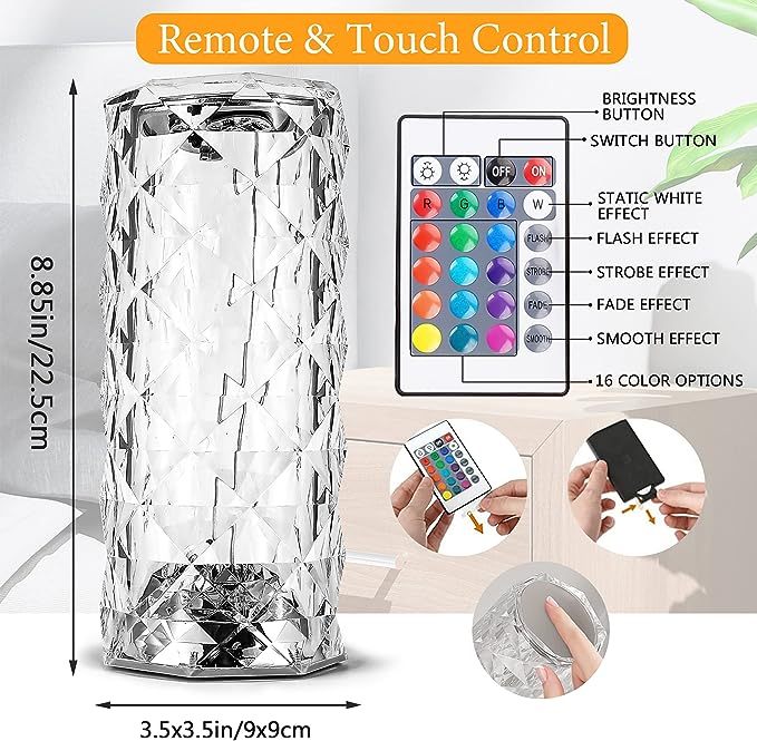 16 Colors LED Crystal Lamp Rose Light Touch Table Lamps Bedr