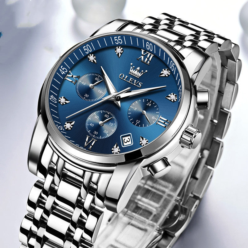 Relojes de marca de lujo para hombre, cronógrafo de acero inoxidable, relojes de pulsera de cuarzo resistentes al agua, reloj con fecha para hombre, esfera azul, reloj Masculino